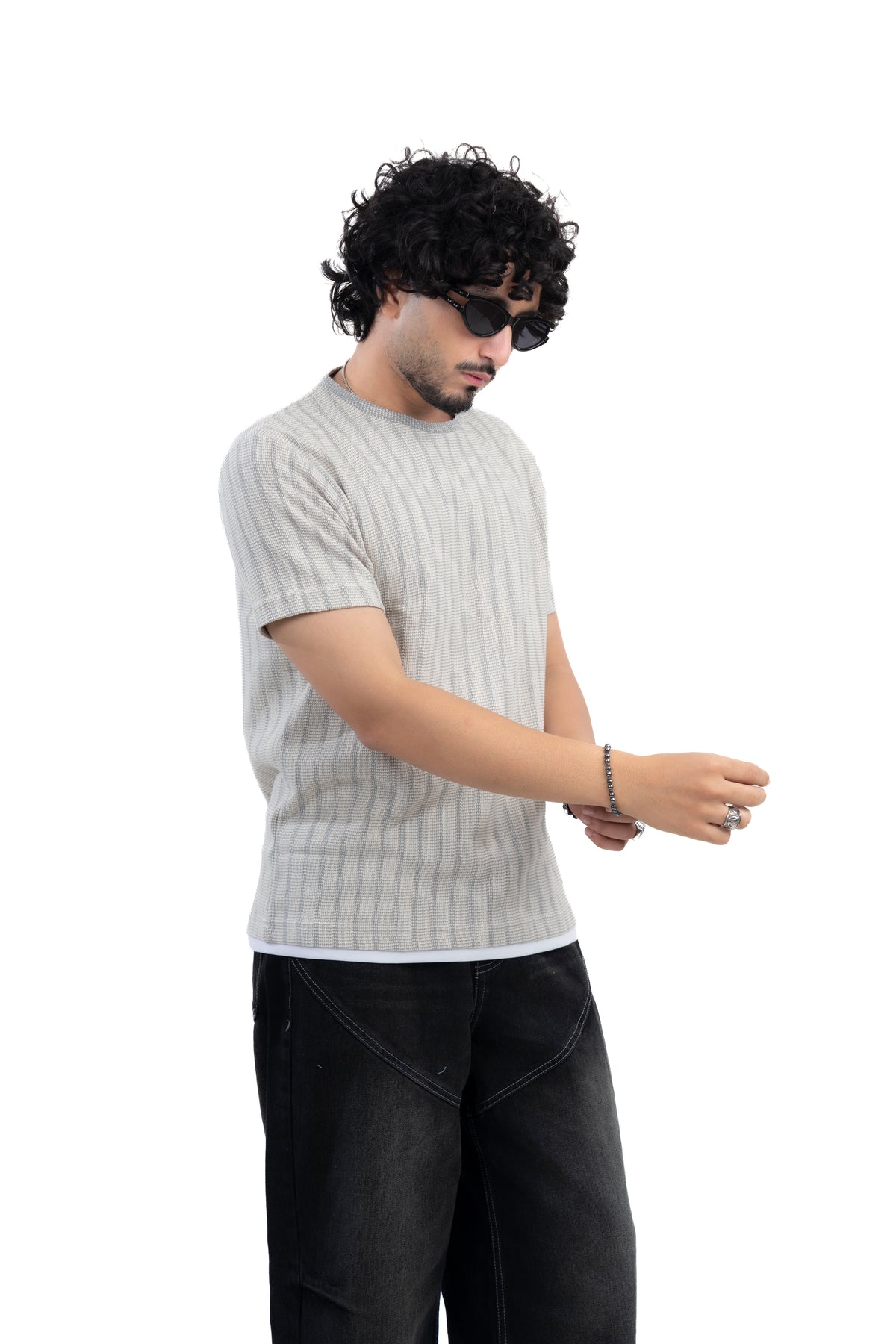 Grey Textured Ribbed Regular Fit T-Shirt
