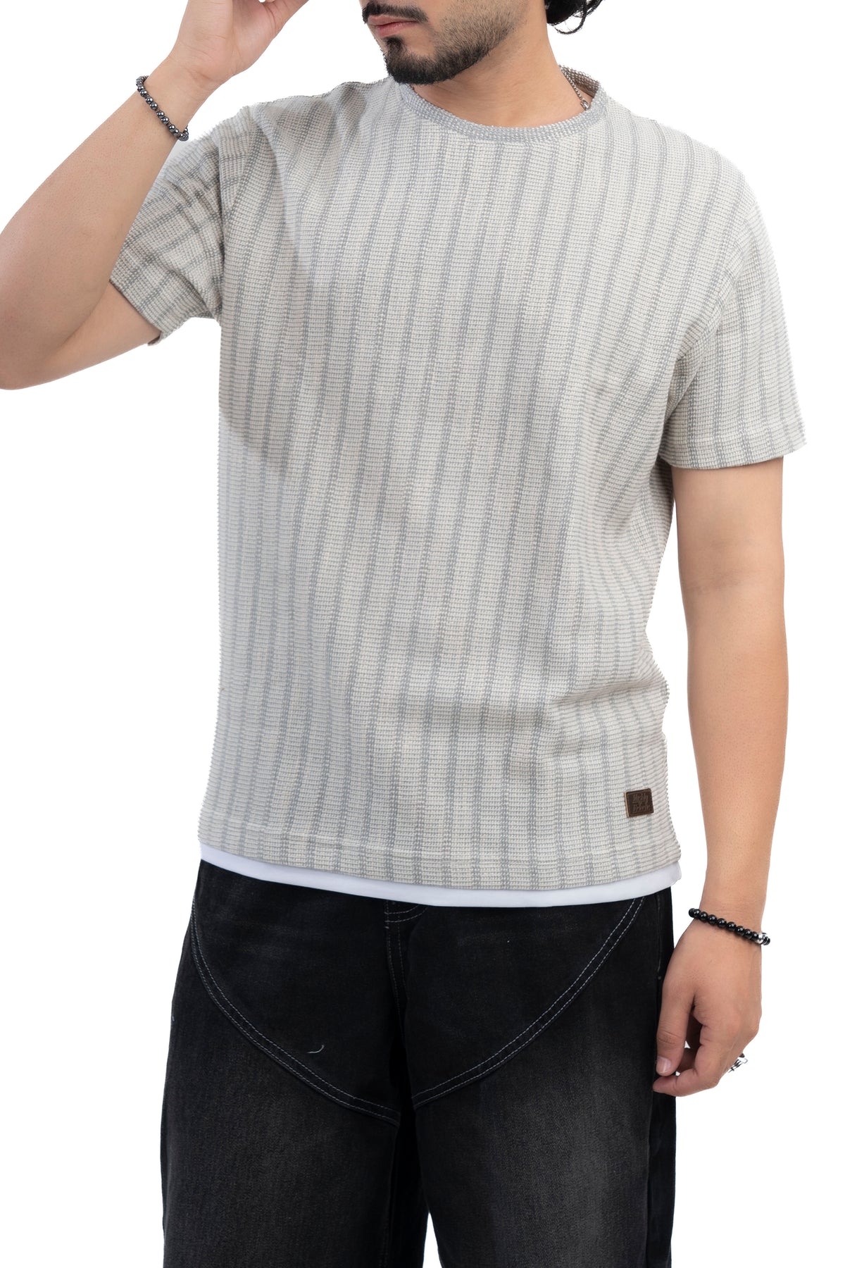 Grey Textured Ribbed Regular Fit T-Shirt