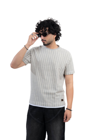 Grey Textured Ribbed Regular Fit T-Shirt