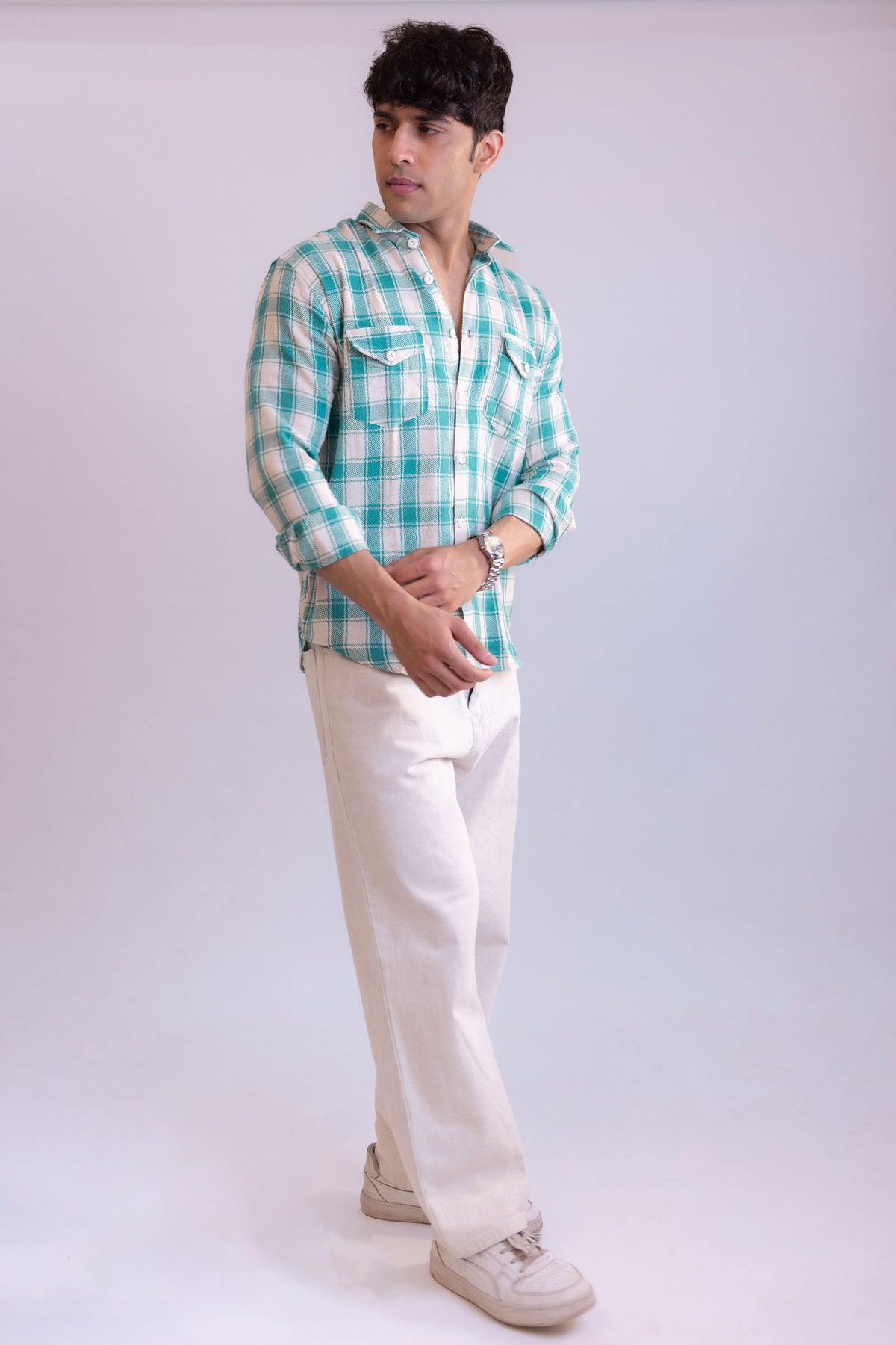 White And Green Structured Checks Shirt