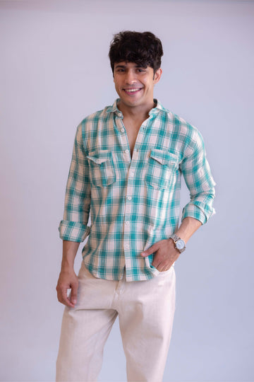 White And Green Structured Checks Shirt