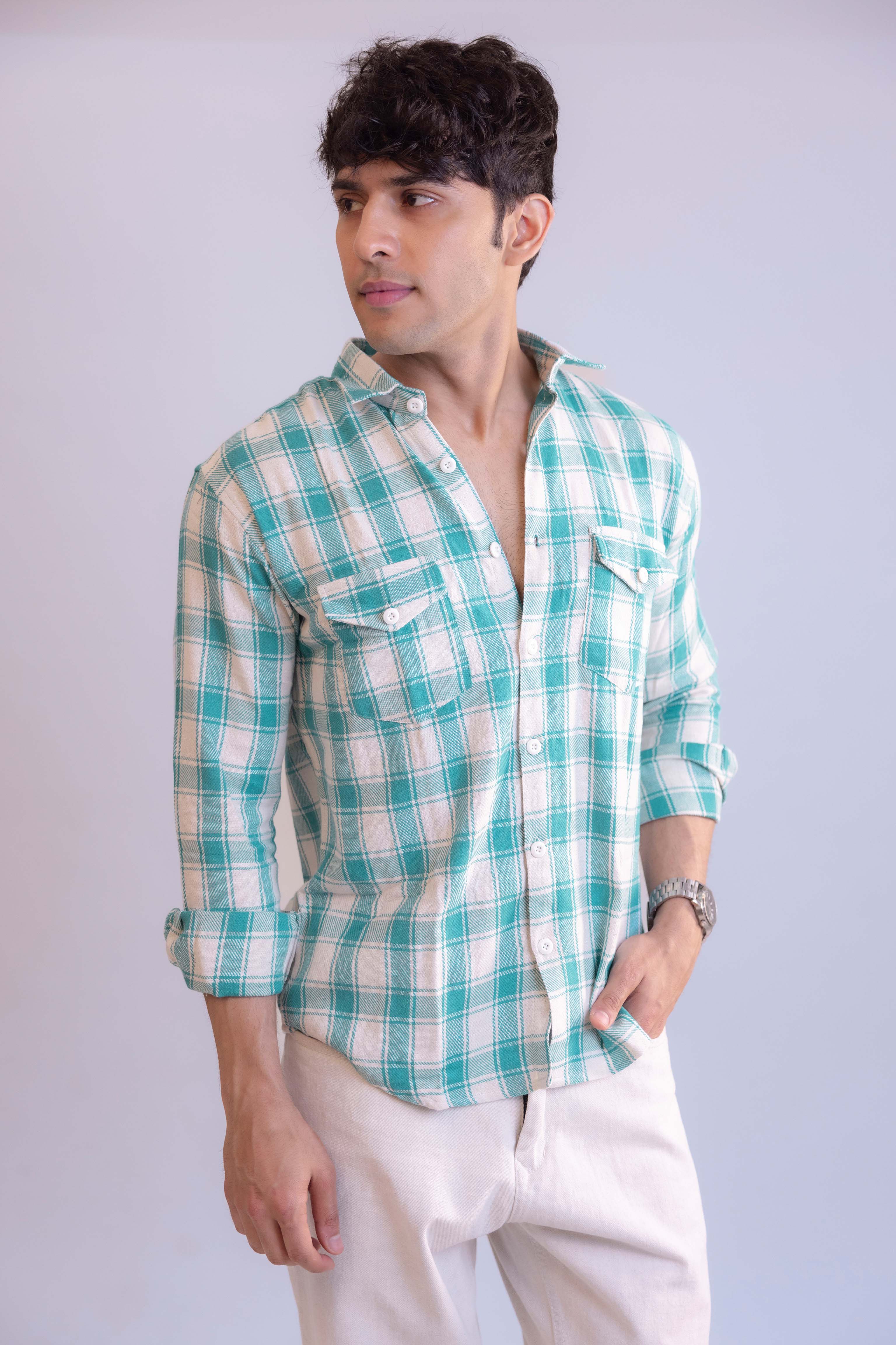 White And Green Structured Checks Shirt