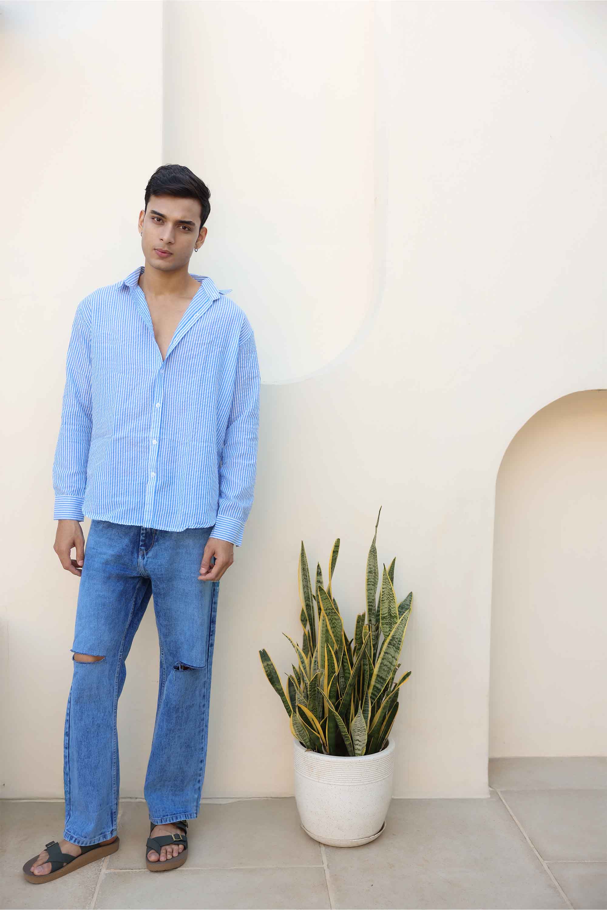 Blue and White Regular fit Striped Full Sleeves Shirt