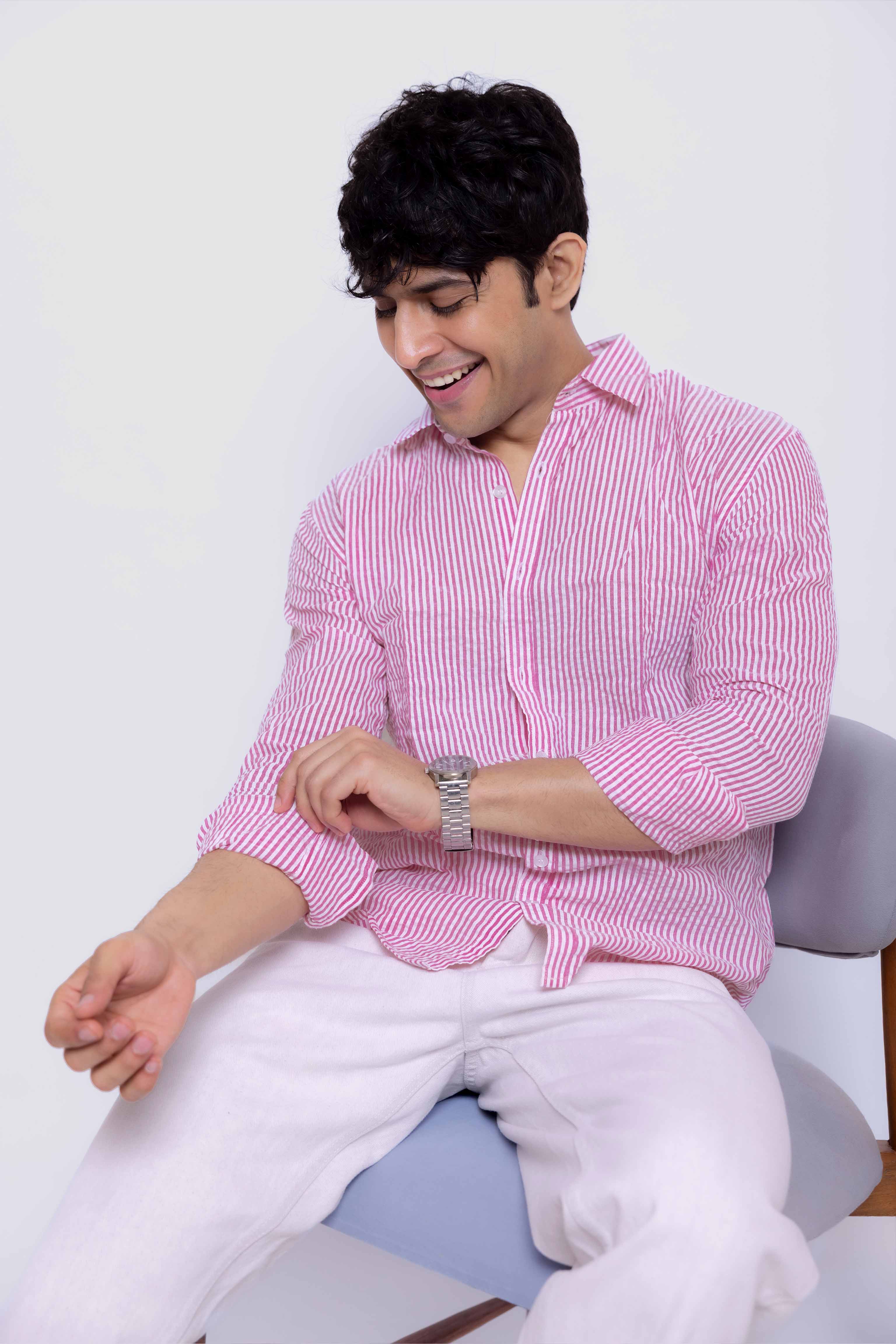 Pink and White Regular fit Striped Full Sleeves Shirt