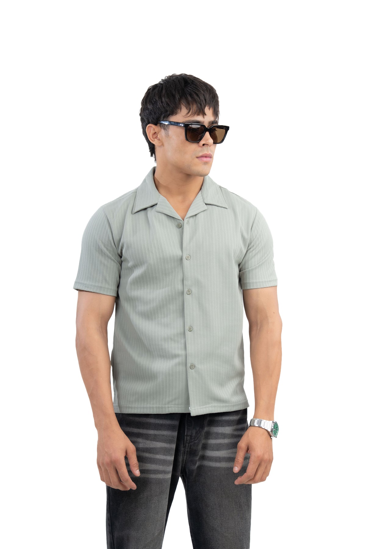 Sage Green Textured Cuban Collar Half Sleeve Shirt