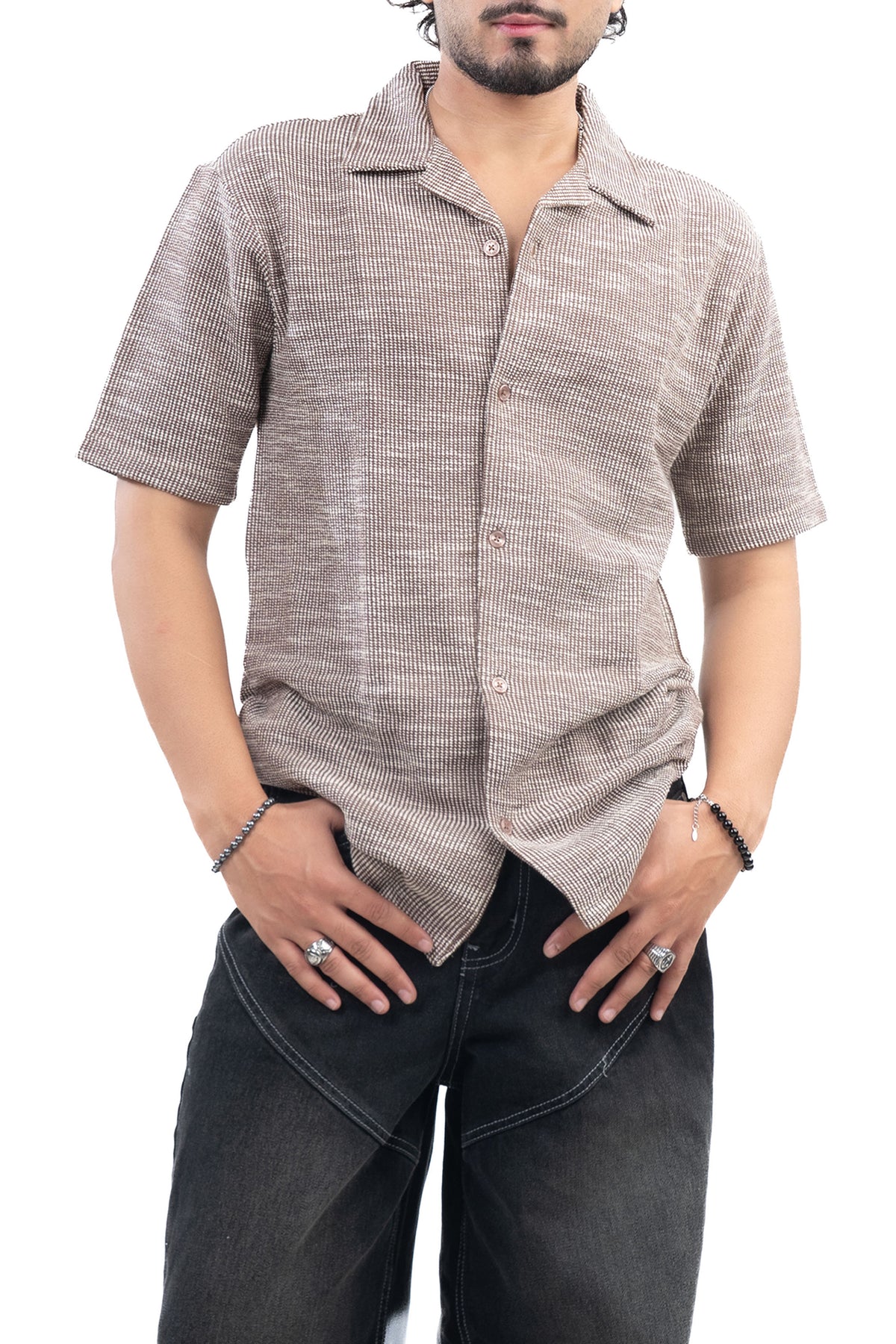 Textured Knit Half Sleeve Shirt Brown